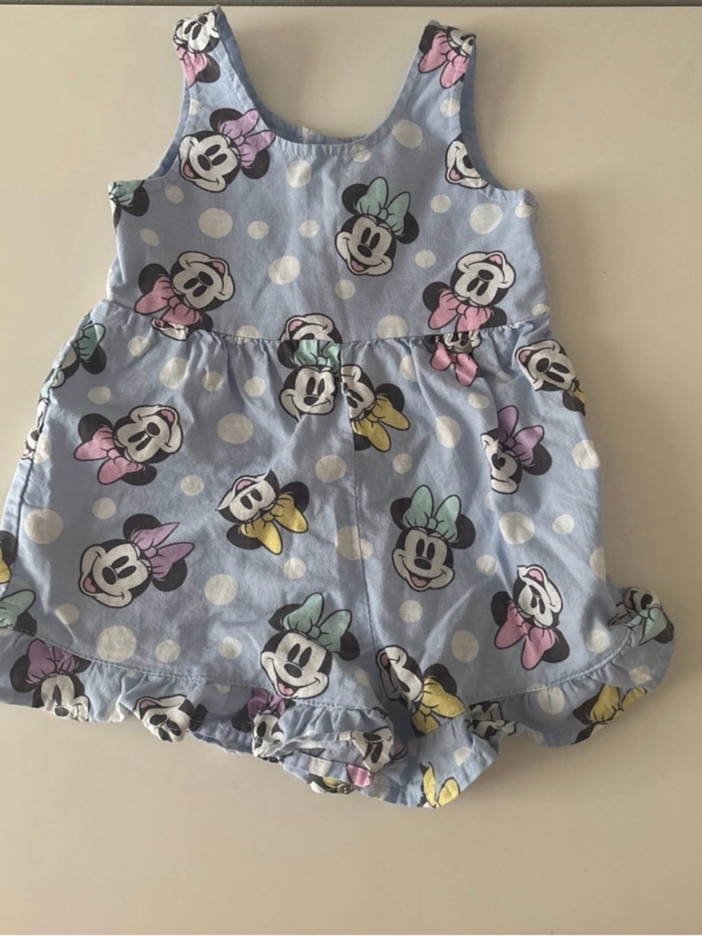 Disney Pastel Bow Minnie Mouse Light Blue Polka Dot Romper